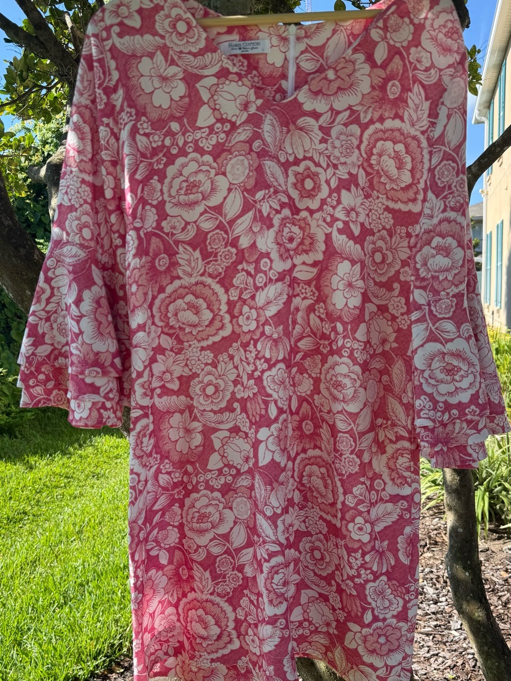 Haris Cotton Knee Length Dress Block Print Pink White Flowers Linen Greece